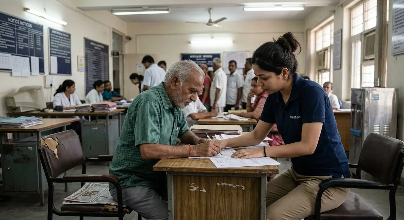KareTribe support partner helping an elderly person with forms at a government office.