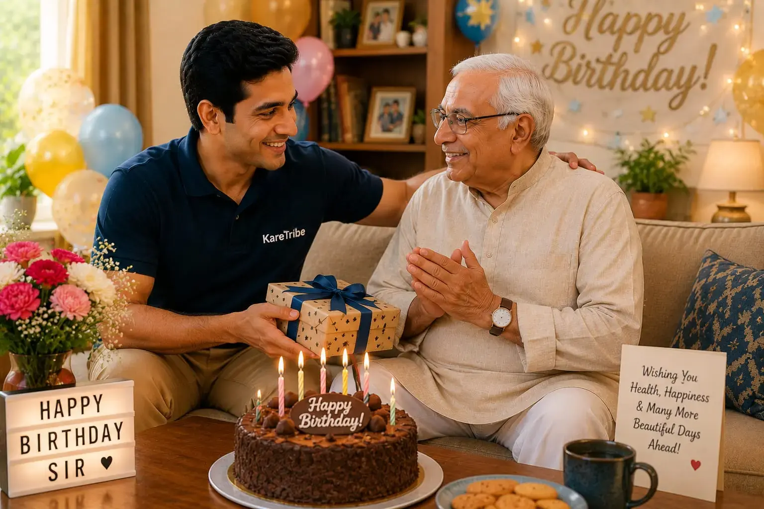 KareTribe support partner helping an elderly person mark a special occasion at home.