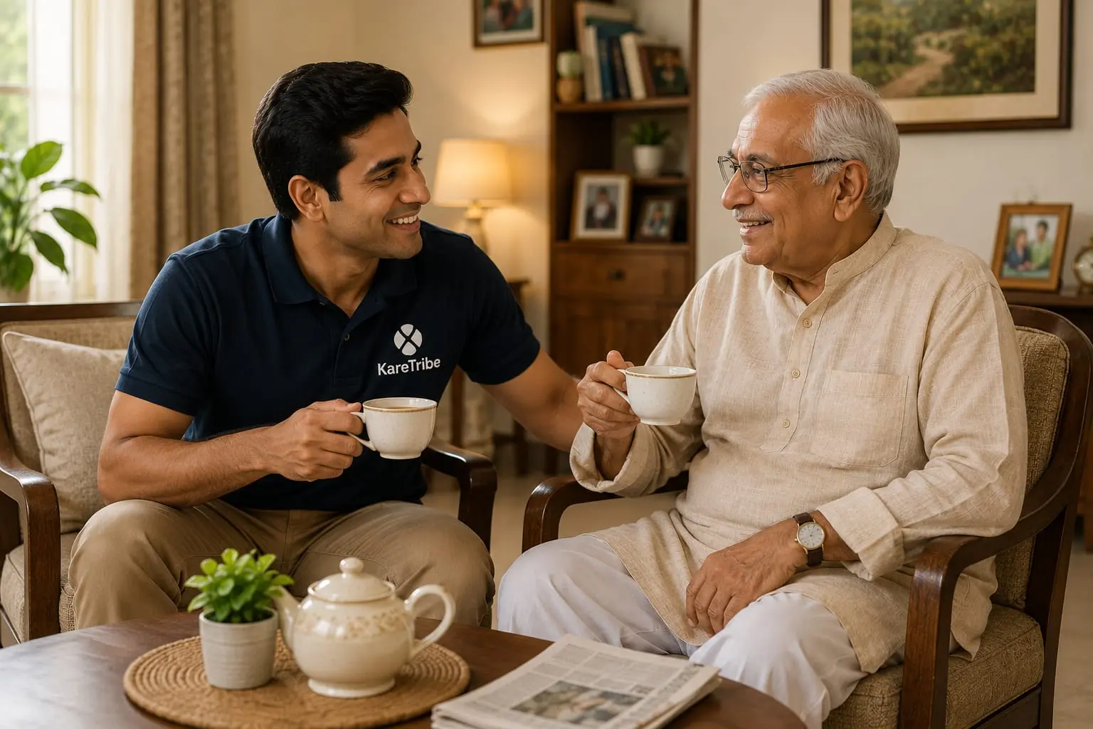 KareTribe support partner speaking with an elderly person at home.