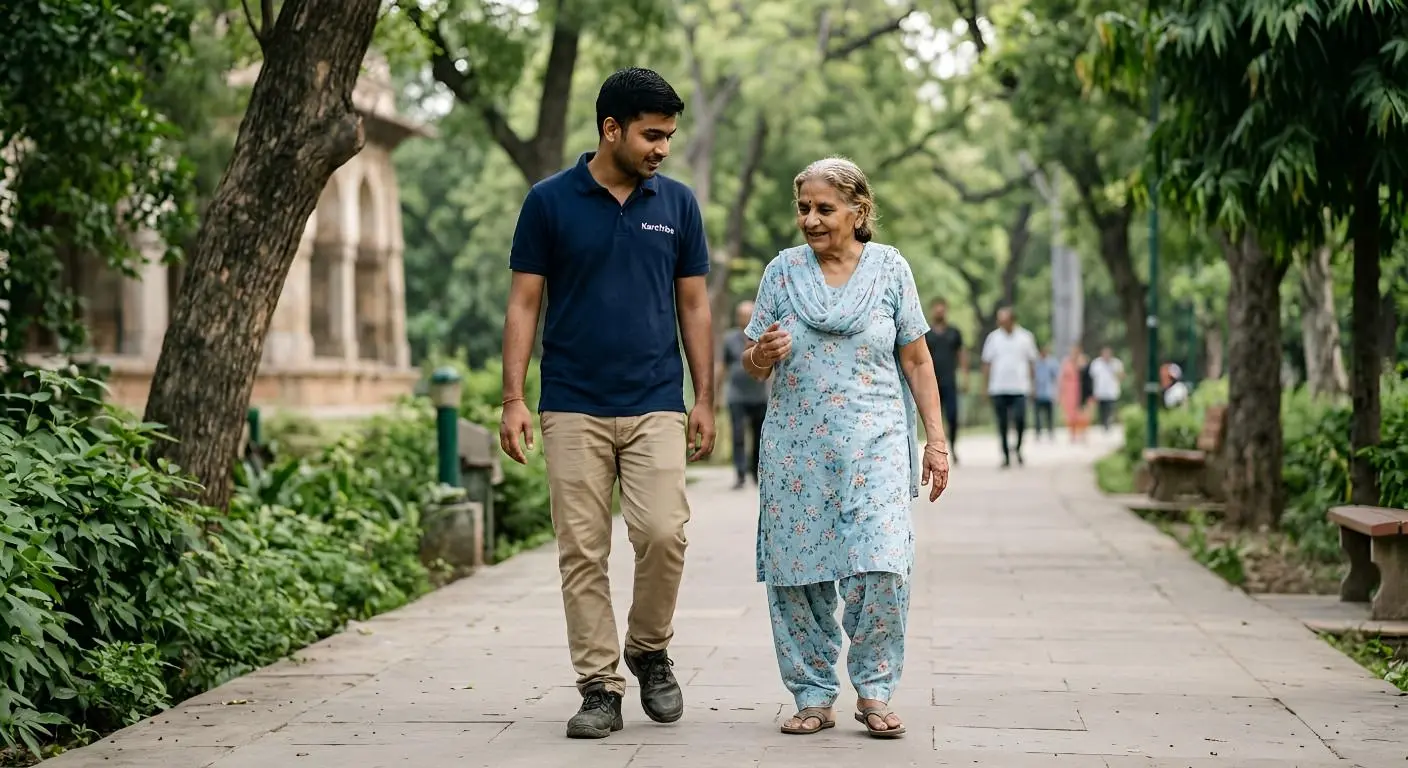 KareTribe support partner walking with an elderly person outdoors.